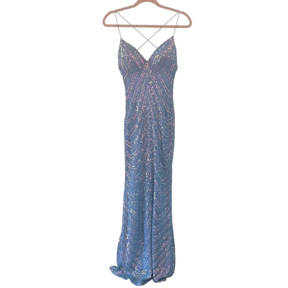 Windsor Blue Iridescent Fairycore Sequin Chevron Gown Open Back Prom Dress XS